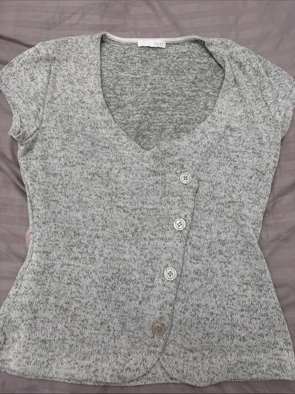 Zara Heather Gray Short-Sleeve Button-Front Knit Top